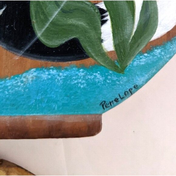 Handcrafted Towel Holder Ring Cat And Fish Bowl Wood Cottage Country StyleSigned - Picture 4 of 9